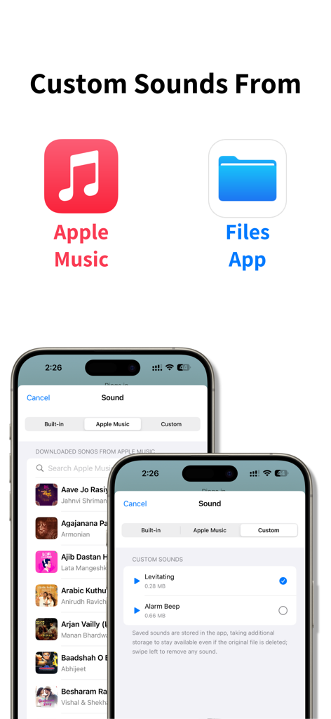ProAlarm: Mission Alarm Clock - ProAlarm interface showing options to select custom alarm sounds from Apple Music and the Files app
