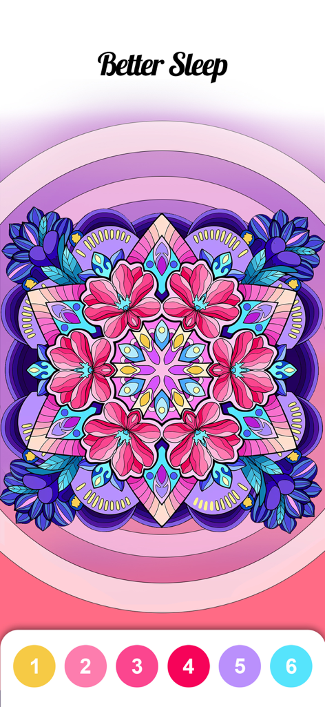 Calm Color-Color By Number - A colorful floral mandala in a digital color by number app designed for relaxation and better sleep