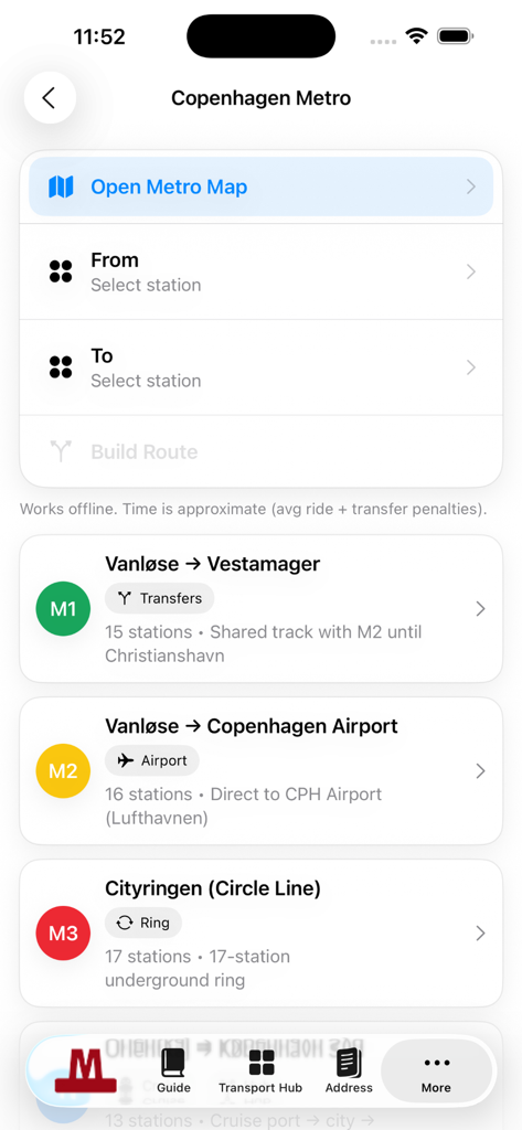 Copenhagen Subway Map app interface showing route planner and metro line details for M1 M2 and M3