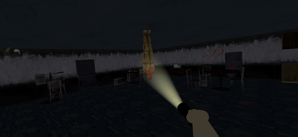 First person view in a dark haunted room with a flashlight illuminating a hanging figure