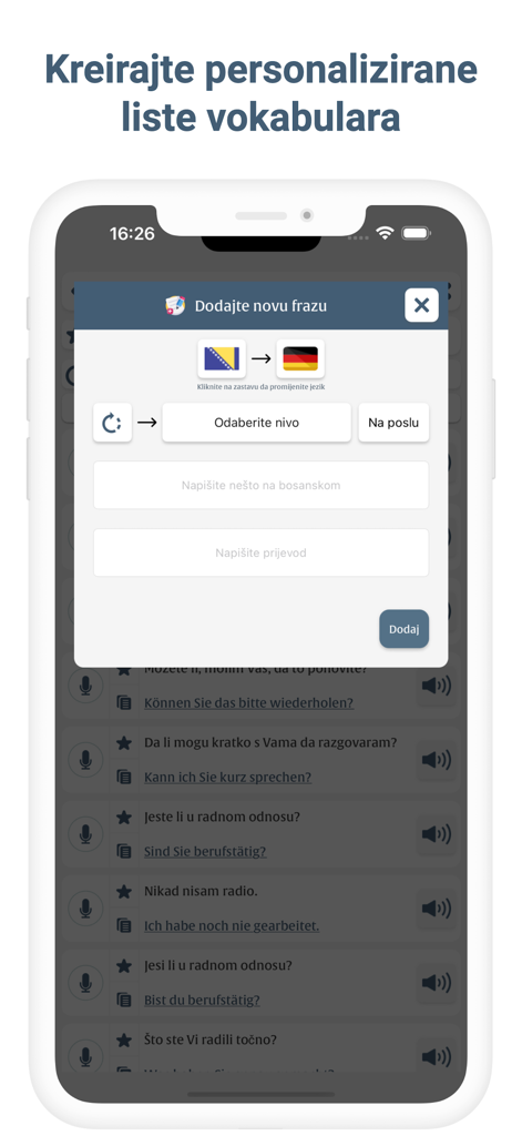 Interface pour créer des listes de vocabulaire personnalisées dans l'application Learn Bosnian German