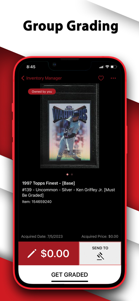 COMC - Check Out My Cards - COMC app interface showing a Ken Griffey Jr trading card in the inventory manager with a button to get it graded
