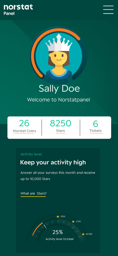 Norstatpanel - Dashboard dell'app Norstatpanel che mostra i premi dell'utente e il livello di attività