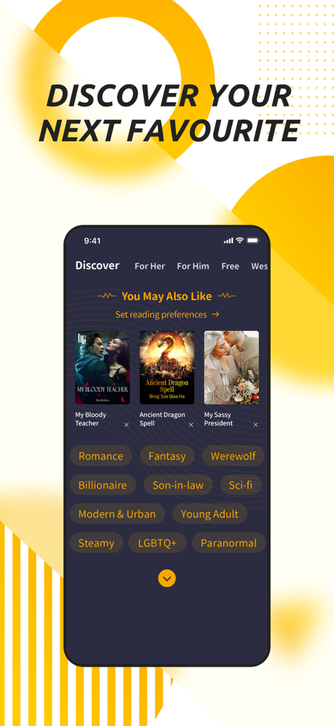 Babel Novel - Webnovel & Books - Babel Novel app discover screen showing book recommendations and genre tags including Romance Fantasy and Werewolf