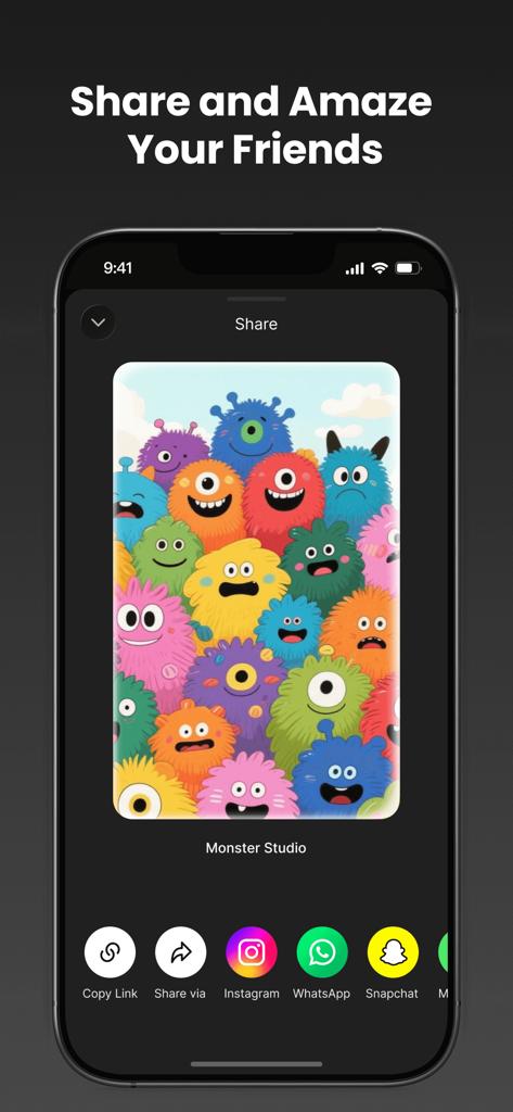Schermata di condivisione dell'app Aippy che visualizza un'illustrazione colorata di un mostro con varie opzioni di condivisione sui social media.