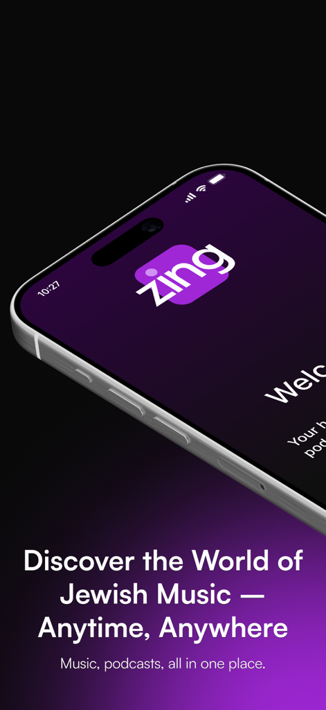 Willkommensbildschirm der Zing jüdischen Musik-Streaming-App mit dem Slogan Entdecken Sie die Welt der jüdischen Musik jederzeit und überall