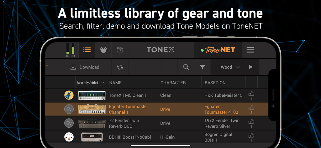 AmpliTube TONEXアプリのToneNETライブラリ。ギターアンプモデルを表示