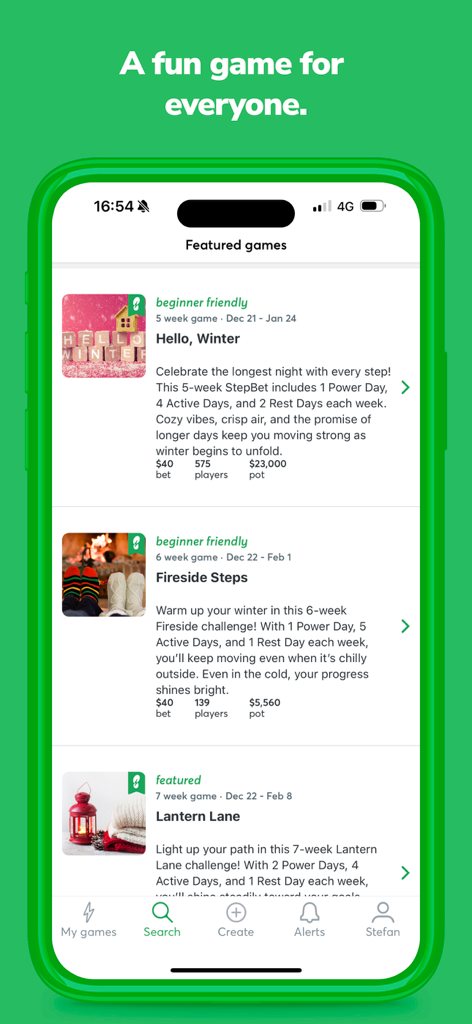The StepBet app interface displaying a list of seasonal walking challenges and prize pots.