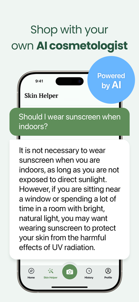 Interface of the OnSkin app AI Skin Helper feature providing personalized skincare advice about sunscreen.
