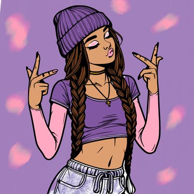 realistic teenage girl with braids and a beanie and crop top doing 🫶🏼