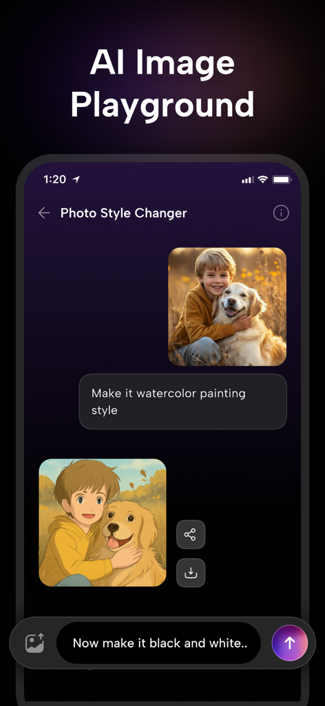 Interface of Flux Kontext AI photo editor showing a conversational chat where a photo of a boy and dog is transformed into a watercolor painting style using text prompts.