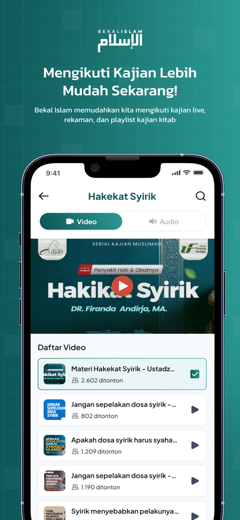 Bekal Islam app interface showing a playlist of Islamic video lectures by Dr. Firanda Andirja