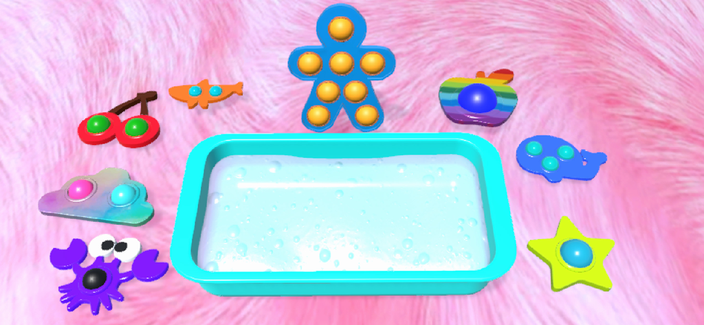 Fidget Slime Kit! Sensory Play - Colorful pop-it fidget toys surrounding a tray of bubbly sensory slime on a pink furry background.