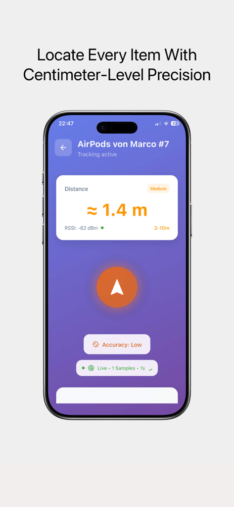 A mobile app interface displaying a distance tracker for lost AirPods with centimeter level precision