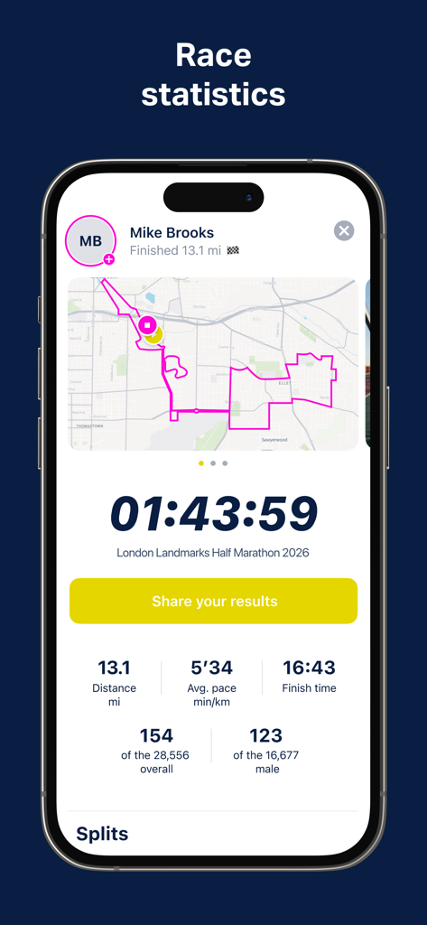 London Landmarks Half Marathon - Race statistics screen in the London Landmarks Half Marathon app showing finish time and course map.