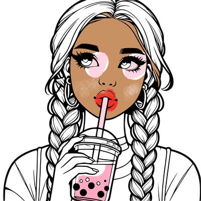 realistic girl with braided hair drinking boba
