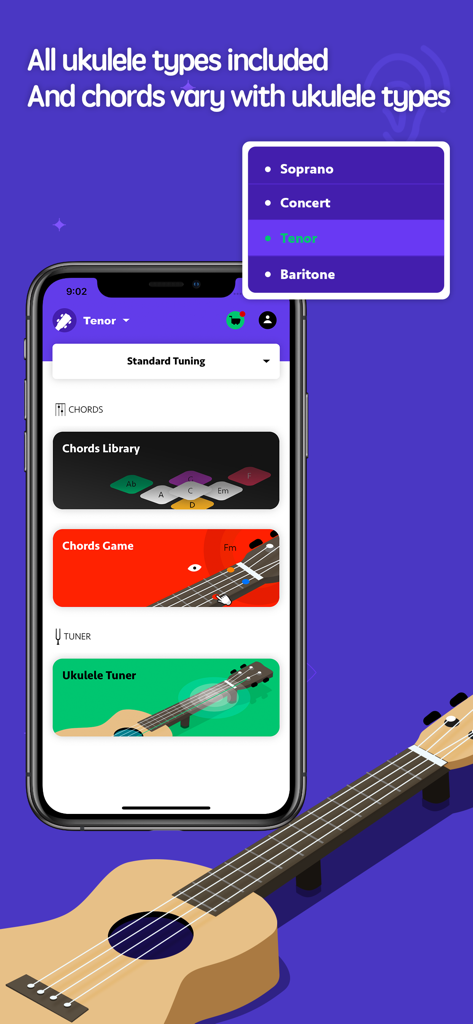 ukulele chords pro - uke chord - Interfaz de la aplicación Ukulele Chords Pro en un smartphone que muestra diferentes tipos de ukelele y las funciones del menú principal como afinador y biblioteca de acordes