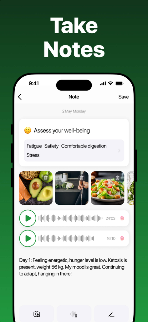 Keto Diet App & Carb Manager - Interface of the wellness journal feature in the Keto Diet App showing photos of meals, voice recordings, and mood tracking notes.