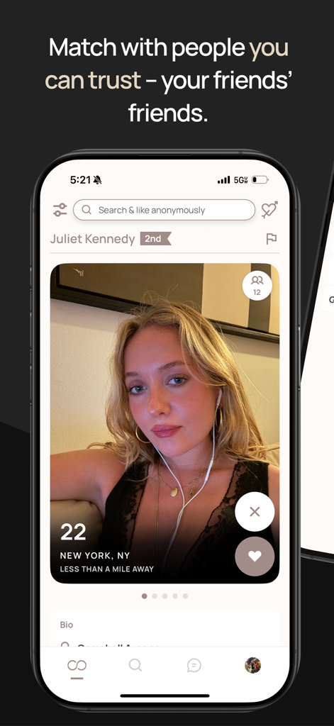 Cerca app screen showing a user profile with mutual connections for trusted dating