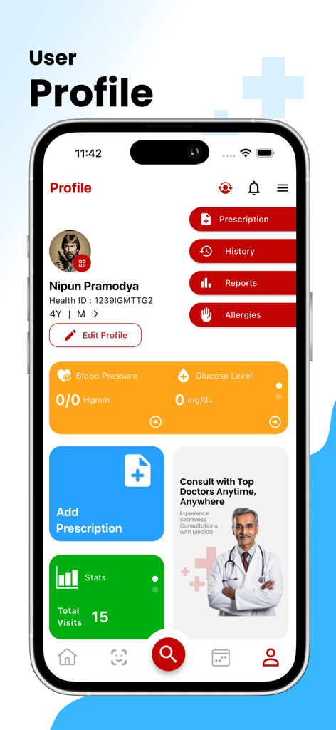 The user profile screen of the Medica Health Wallet app showing a medical history overview and vitals tracking for blood pressure and glucose.