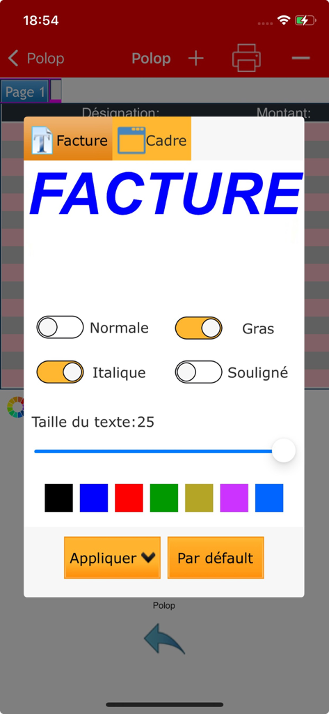 Mobile screen for editing invoice header text style and color