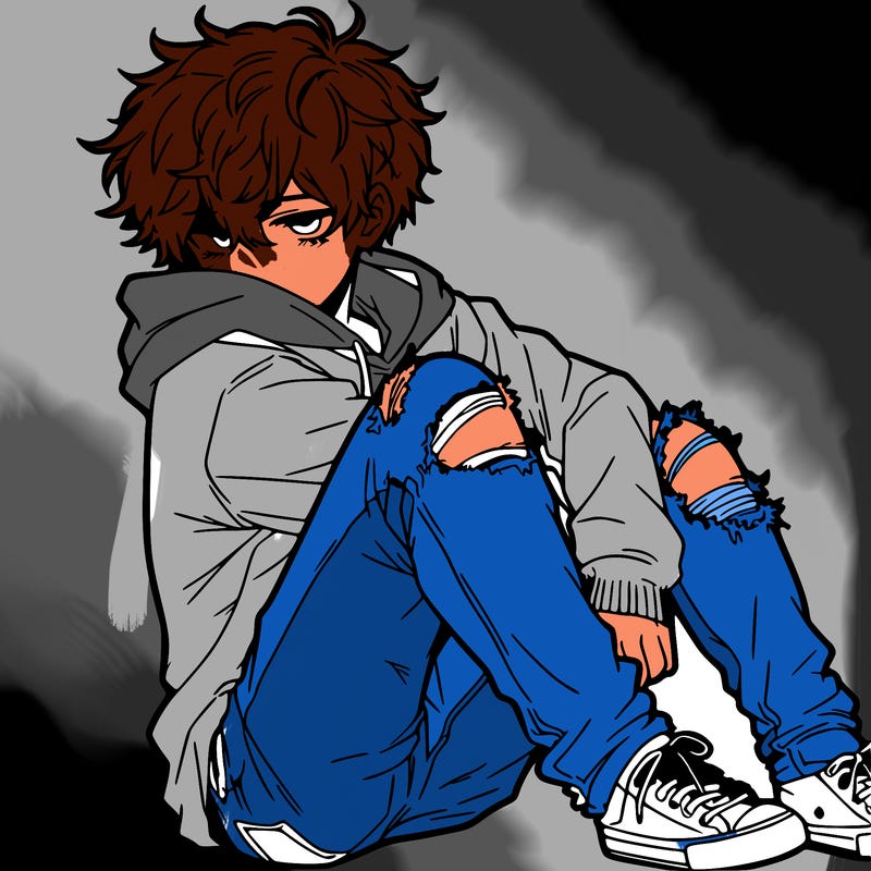 a male hoddie ripped jeans messy hair anime