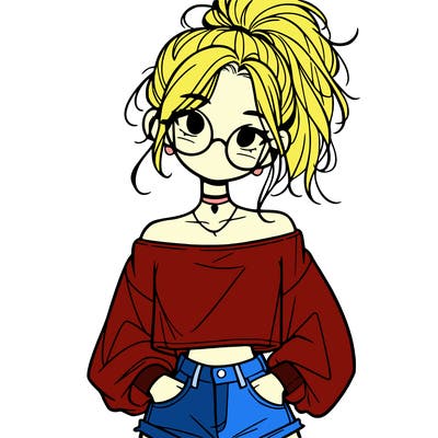 girl with a messy ponytail glasses a baggy crop top and jean shorts