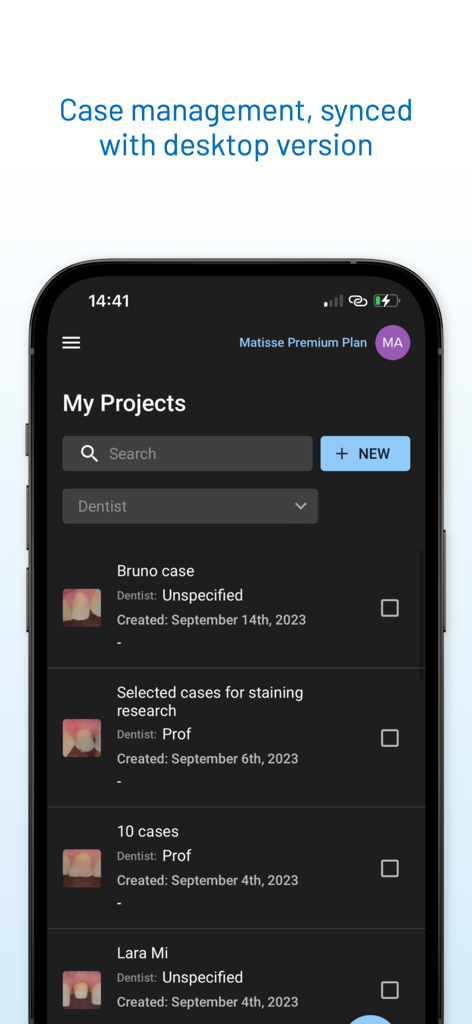 Matisse | Shade Matching - Matisse app interface displaying a list of dental shade matching projects and case management synced with desktop