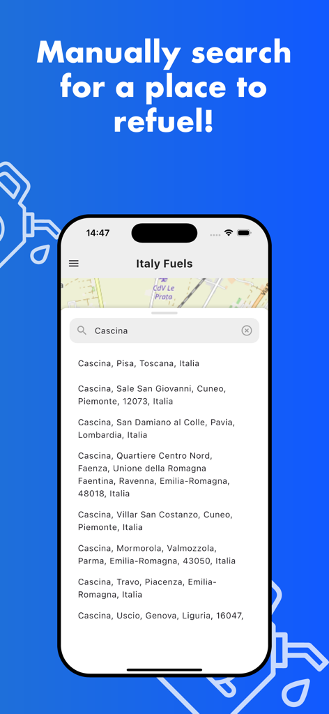 Italy Fuels - Italy Fuels app interface showing a manual search for gas stations in Cascina and other Italian locations.