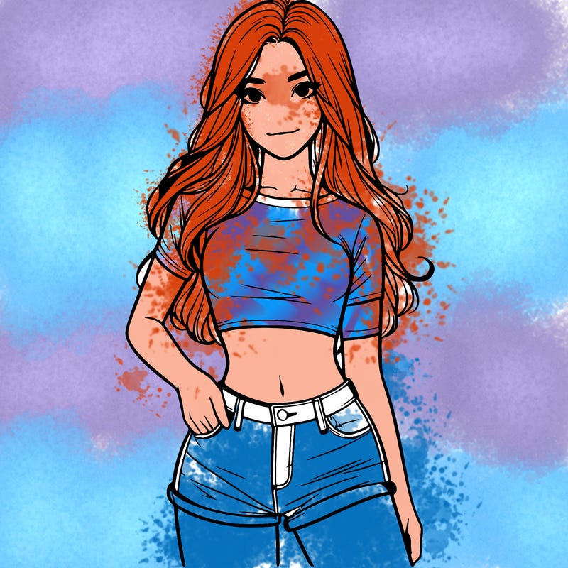 teenage girl with a crop top short shorts and long hair realistic