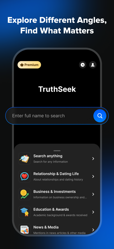 Truthseek：AI Deepsearch - TruthSeek app main screen showing search bar for full names and search categories for dating, business, education, and media.