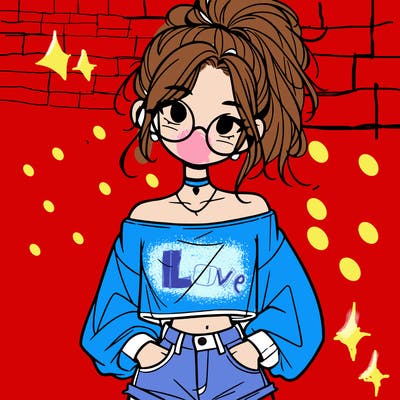 girl with a messy ponytail glasses a baggy crop top and jean shorts