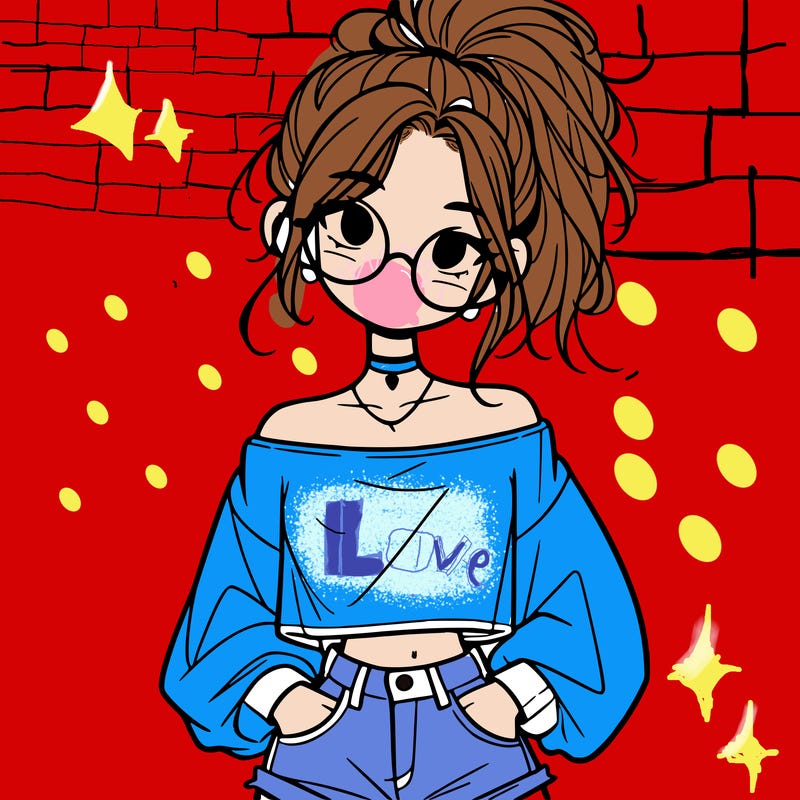 girl with a messy ponytail glasses a baggy crop top and jean shorts