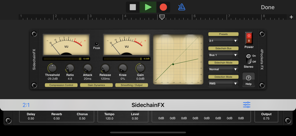 VUメーターと圧縮グラフを表示するSidechain Compressor Pluginのインターフェース