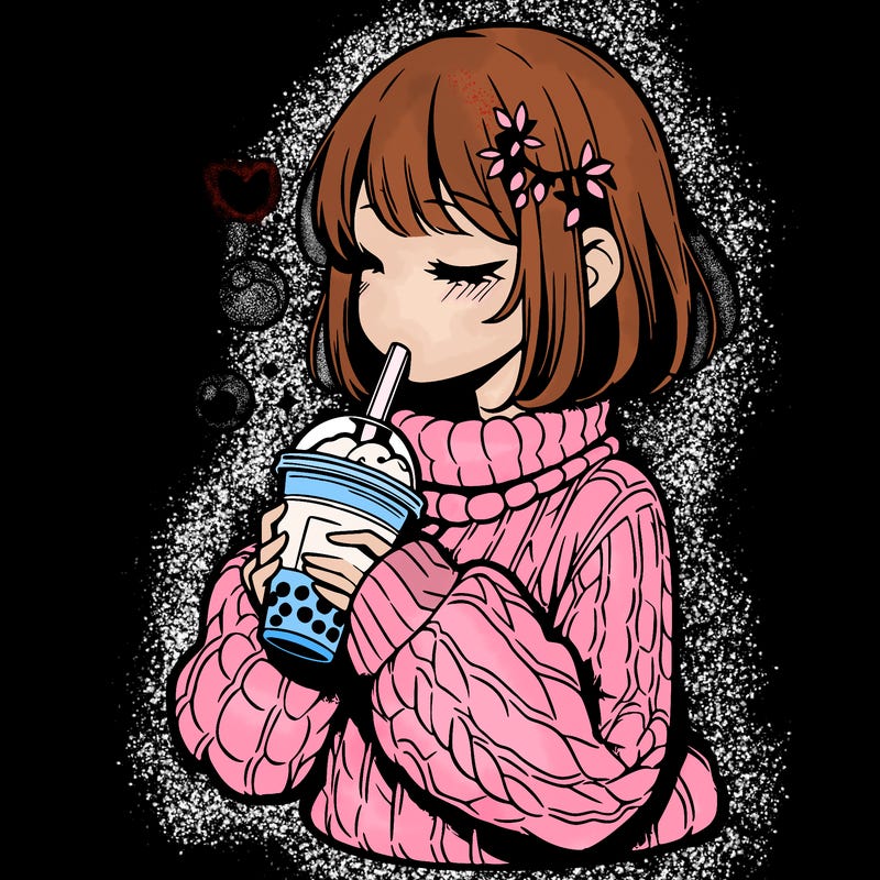 manga girl drinking boba in cozy sweater