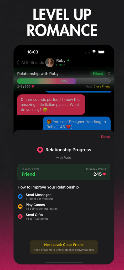 AI Chat Girlfriend - AI Chat Girlfriend app interface showing relationship progress and intimacy points with a virtual character named Ruby.