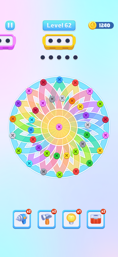 Nuts Out - Screw Jam Puzzle - Level 62 of Nuts Out Screw Jam Puzzle featuring colorful screws on a floral glass pattern with sorting boxes and boosters