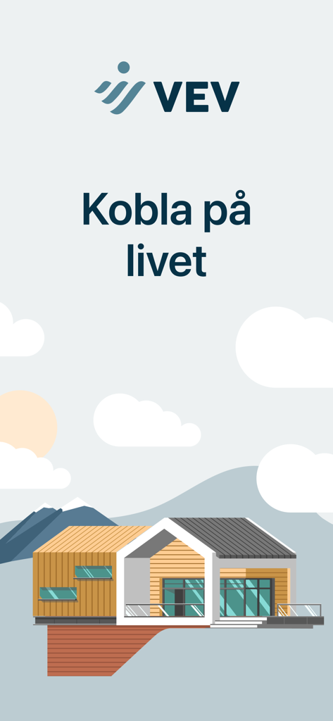 VEV Strom app splash screen featuring the company logo and an illustration of a modern energy efficient house