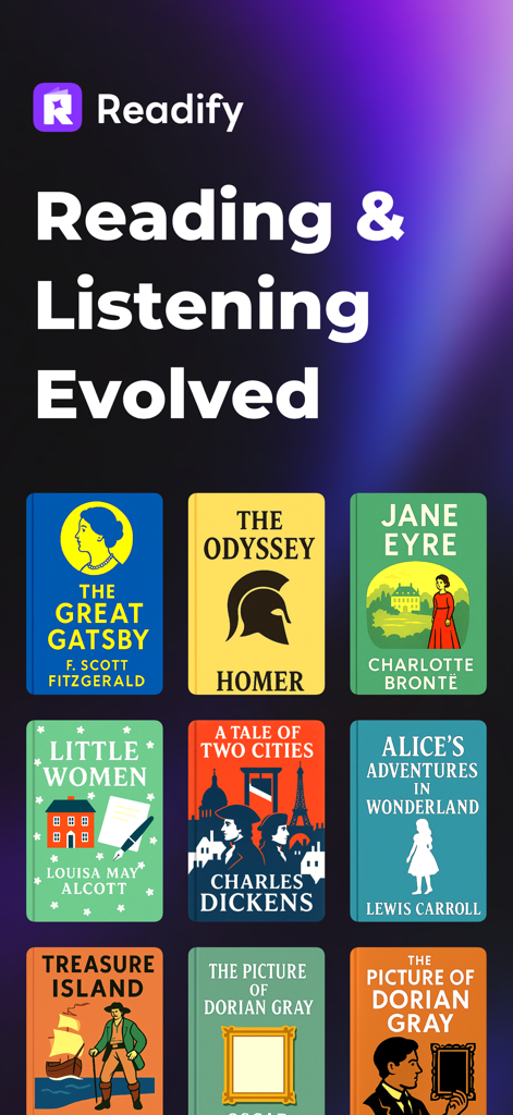 Readify: AI Natural Read Aloud - Readify app welcome screen featuring a collection of classic ebook covers and the headline Reading and Listening Evolved.