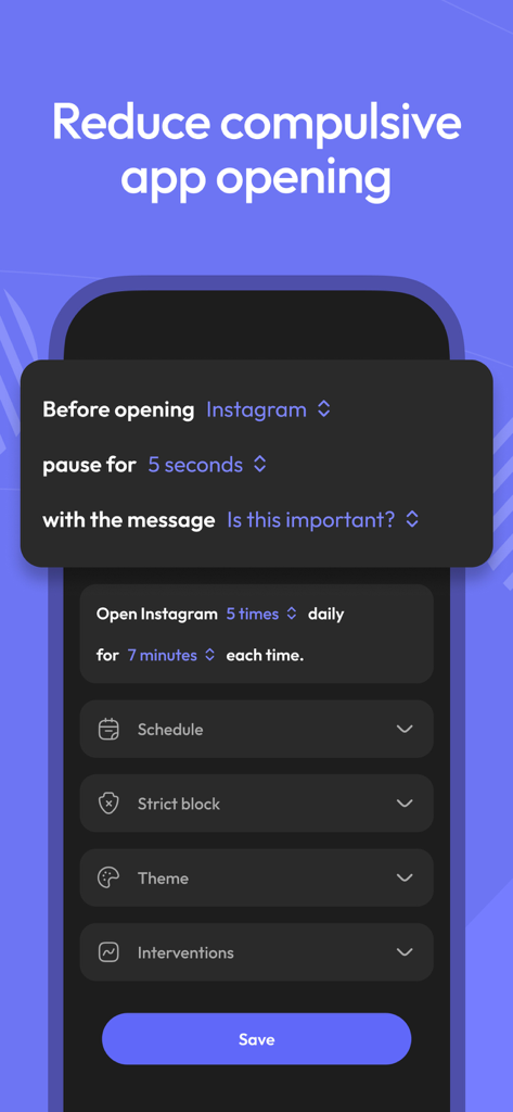 ScreenZen app interface showing settings to add a five second pause and a mindful message before opening Instagram to reduce screen time.