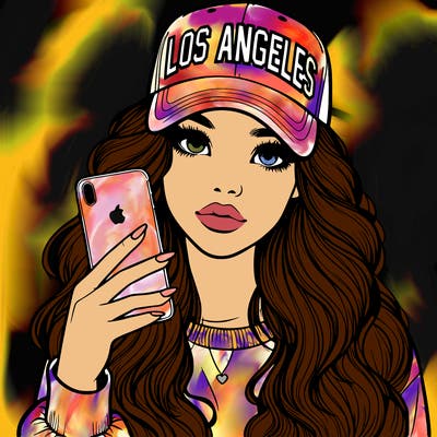 realistic beautiful girl wearing los ángeles cap holding an iphone