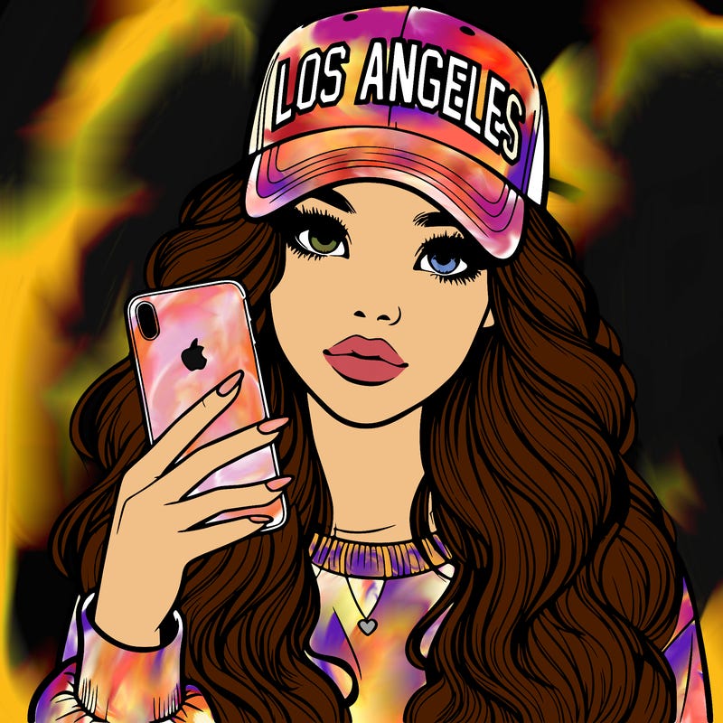 realistic beautiful girl wearing los ángeles cap holding an iphone