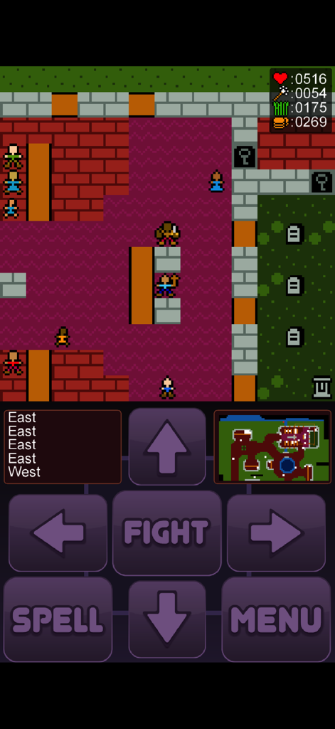 Gameplay screenshot of Lowlander II showing 8-bit pixel art graphics and large purple on-screen buttons for portrait mode play