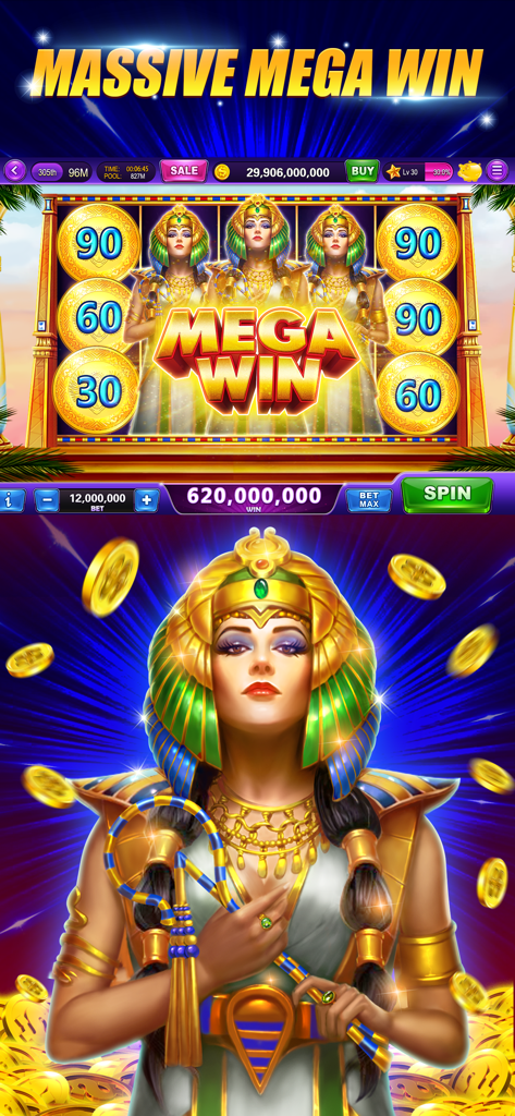 Slots-Heart of Diamonds Casino - Heart of Diamonds Casino game screen featuring an Egyptian slot theme with Cleopatra and a mega win notification