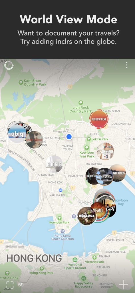 Inclr app World View Mode showing visual information clusters organized on a map of Hong Kong