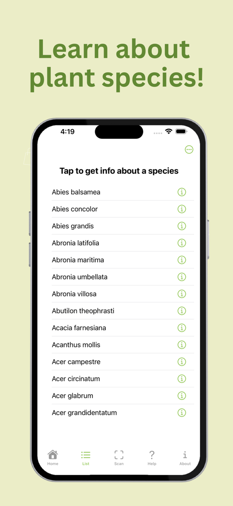 PlantID: Plant Identification - A mobile interface showing a list of plant species with scientific names and information icons.