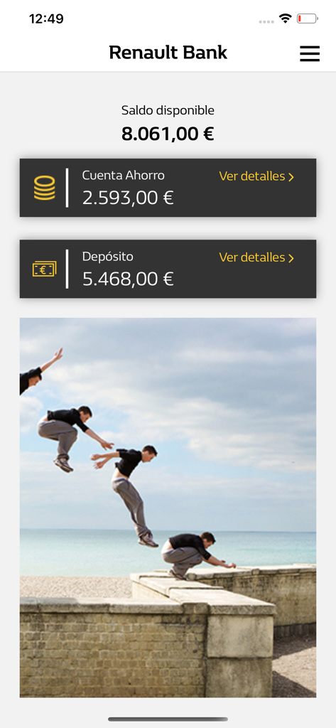 Interface do aplicativo móvel Renault Bank mostrando o saldo disponível com detalhes da conta poupança e depósitos em espanhol