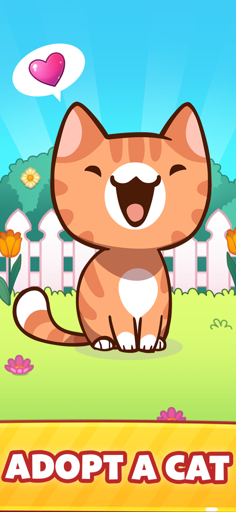 Cat Game - The Cats Collector! - Un feliz gato naranja de dibujos animados sonriendo en un jardín con un cartel de Adopta un Gato.
