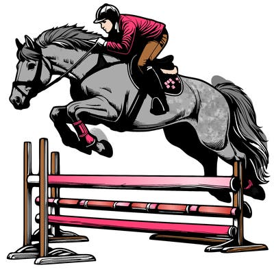 realistic horse jumping over jump with rider