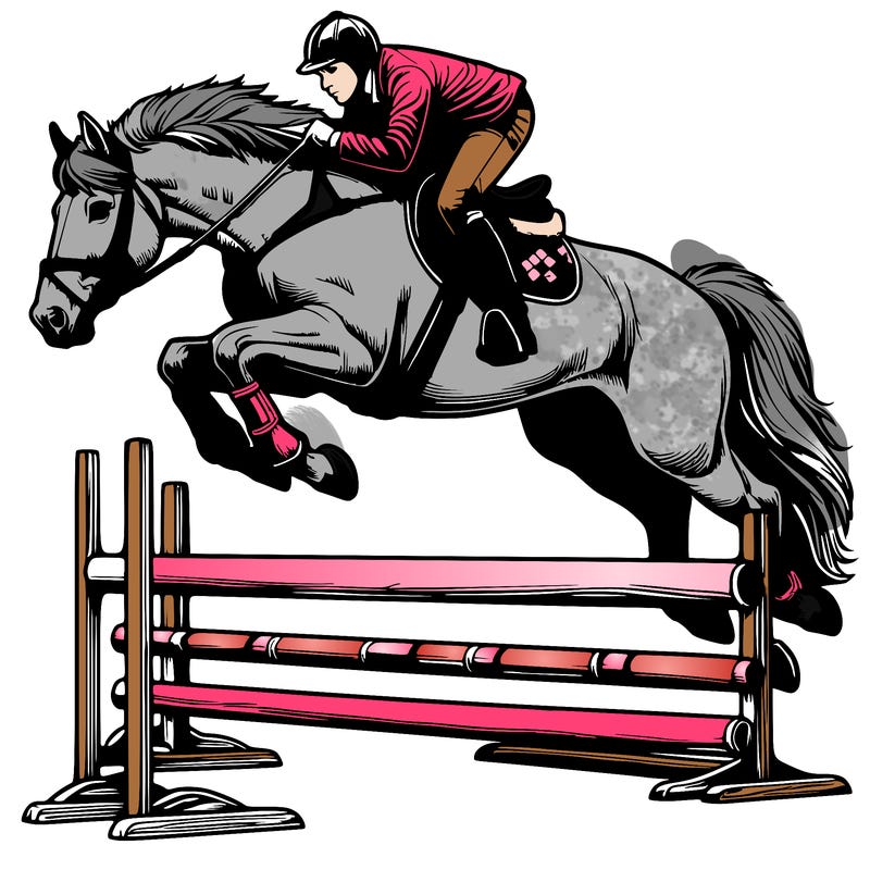 realistic horse jumping over jump with rider